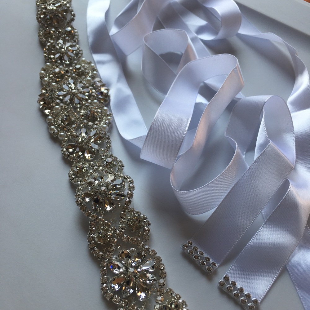 Bling Wedding Tie White Ribbon Belt